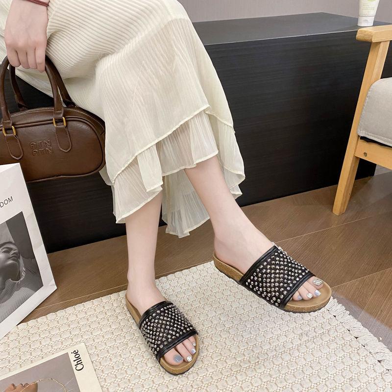Women's Sandal Slippers Summer a Word with Rhinestone Hollowing Flat Bottom Drag Outside Wear Beach Shoes