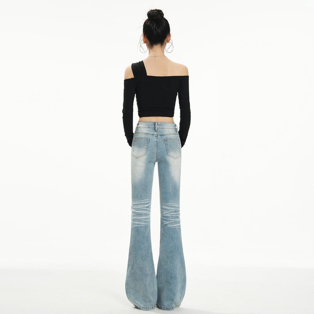 American light-colored slightly pulled jeans women's autumn new high-waisted and thin horseshoe horn pants without sticking to the legs