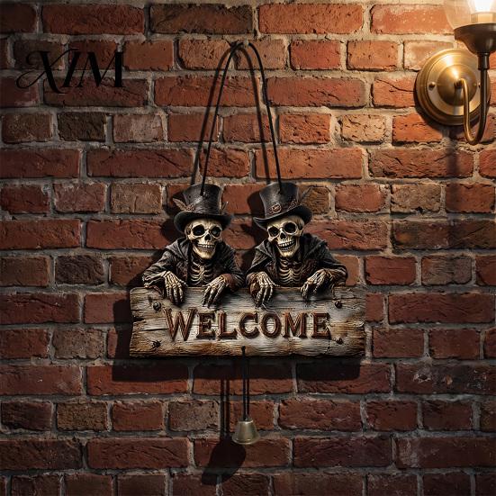 Rustic Holiday Door Sign Halloween Wooden Welcome Hanging Sign, Vintage Farmhouse Hanger with Skeleton Pumpkin Seasonal Window Ornament Ghost,