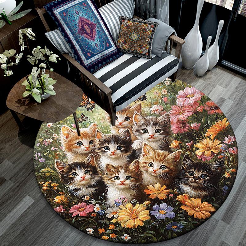 Kittens in Flowers Round Area Rug,Carpet Rug for Living Room Bedroom Sofa Playroom Decor,Non-slip Floor Mat