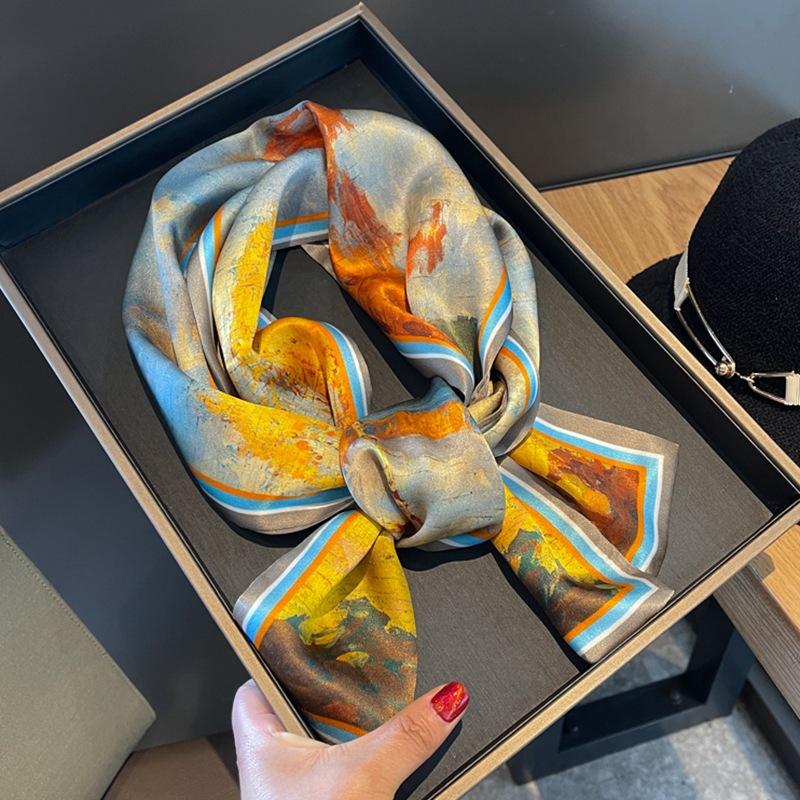 Mulberry Silk Oil Painting Silk Scarf Femininity Elegant Birch Silk Scarf Versatile Small Long Streamer Bag Decoration