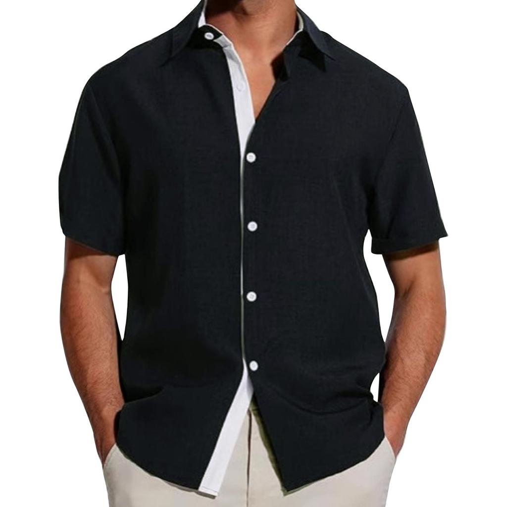 Men's Summer Colorblock Lapel Short-Sleeved Shirt Men's Casual Fashion Short-Sleeved Shirt