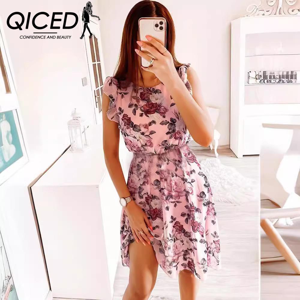 

QICED Модное женское повседневное свободное платье с круглым вырезом и рукавами-бабочками с цветочным принтом XXXL розовый