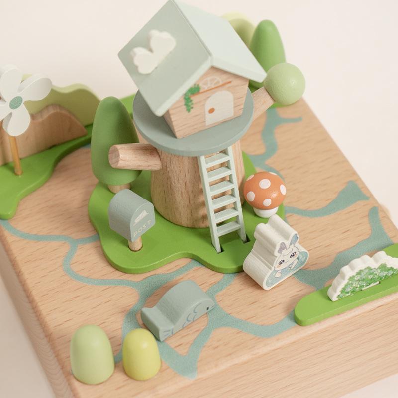 Ohye Children's Educational Rotating Wooden Handicraft Music Box Toy with Theme Scene Musical Instruments Unisex 6-Piece