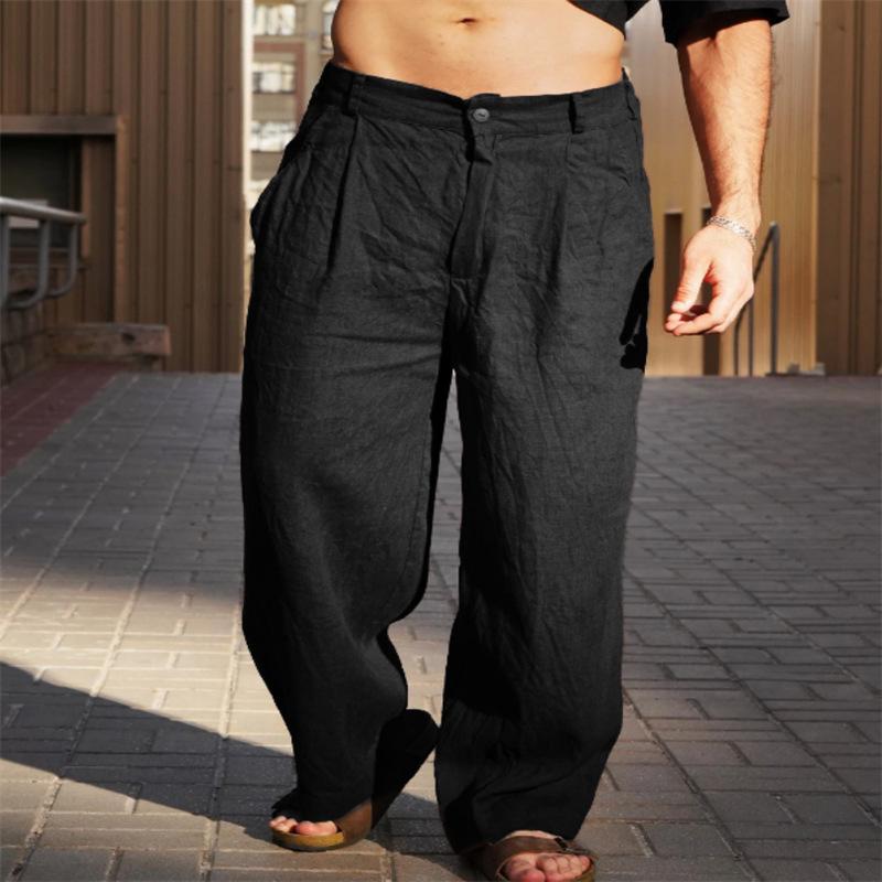 Men's Linen Pleated Wide-leg Pants for Spring and Summer with A Mid-rise Waist Breathable Jogger Pants Streetwear Men