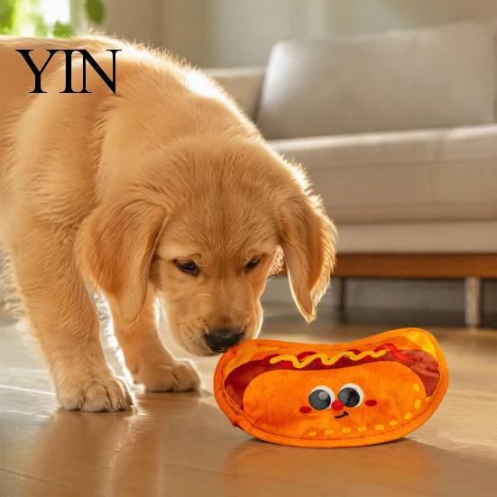 Durable Plush Dog Toys Crinkle Chew Toy, Food Shape Interactive Hamburger Pizza Hot Safe Fabric Teething Design, Toy for Small And Medium Dogs Squeaky
