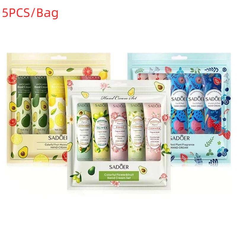 Sadoer 5Pcs/Set Fruit Plant Fragrance Hand Cream Sets Moisturizing Anti Dry Hand Lotion Sets Hands Skin Care Products