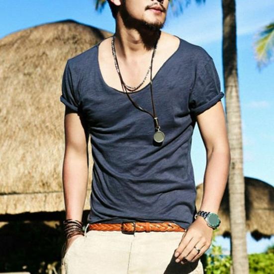 Men T-shirt Large V Neck Thin Solid Color Slim Fit Soft Short Sleeves Mid