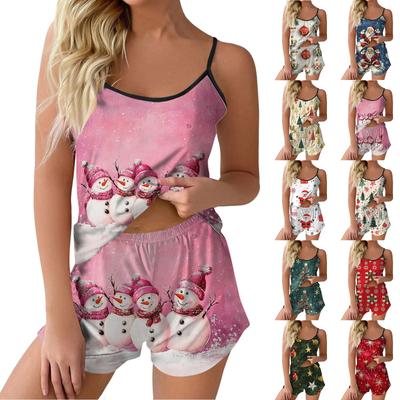 Modisches Set mit Weihnachtsdruck für Damen, ärmelloses Oberteil und Shorts mit Pyjama