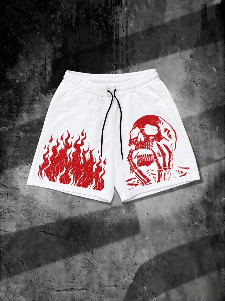 European and American Men's Summer Flame Skull Print Comfortable and Breathable Drawstring Shorts for Outdoor Leisure Vacation