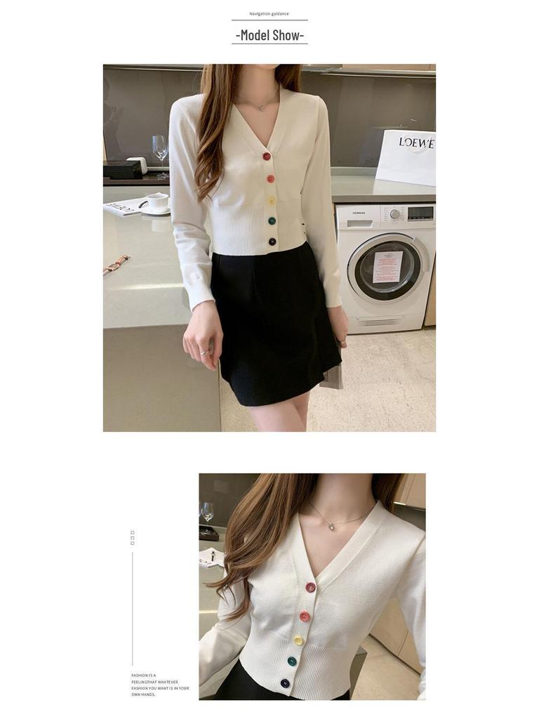 Women's Long Sleeve Slim Knit Cardigan with Colorful Buttons
