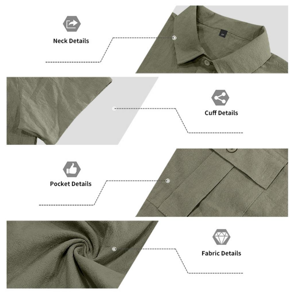 Men's Linen Short Sleeve Button Down Shirt Relaxed Fit Casual Beach Wear with Multiple Pockets