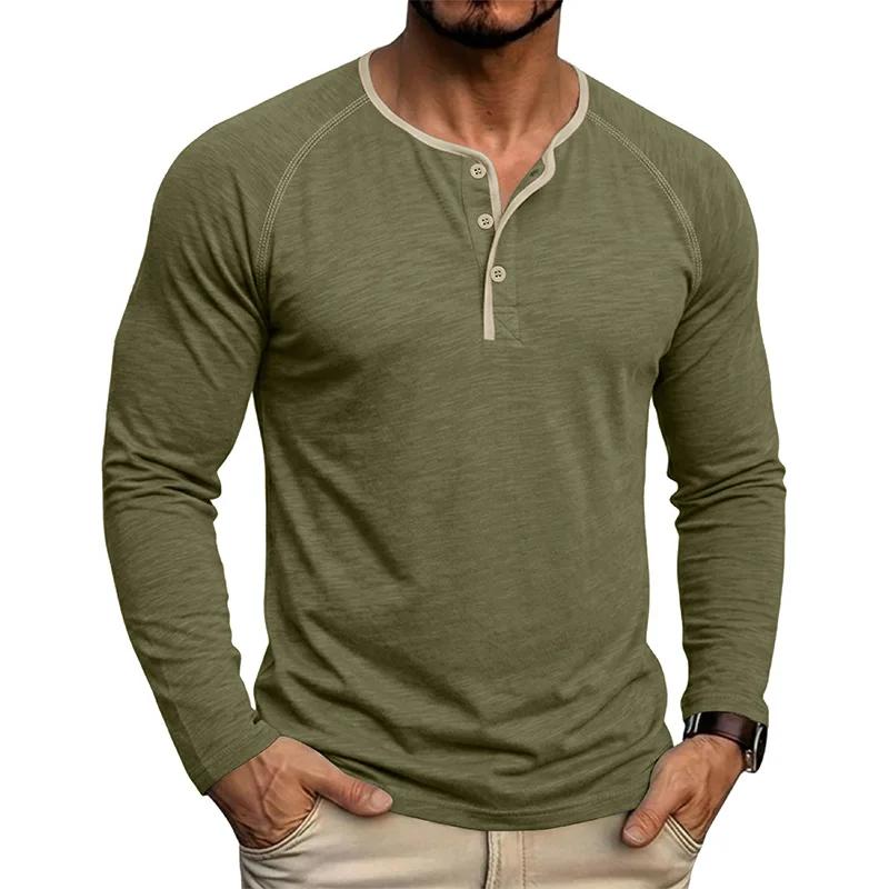 Spring Autumn Men's Cotton Henry Collar T-Shirts American Style Fashion Smart Casual Tees Tops Men Patchwork Breathable Tshirt