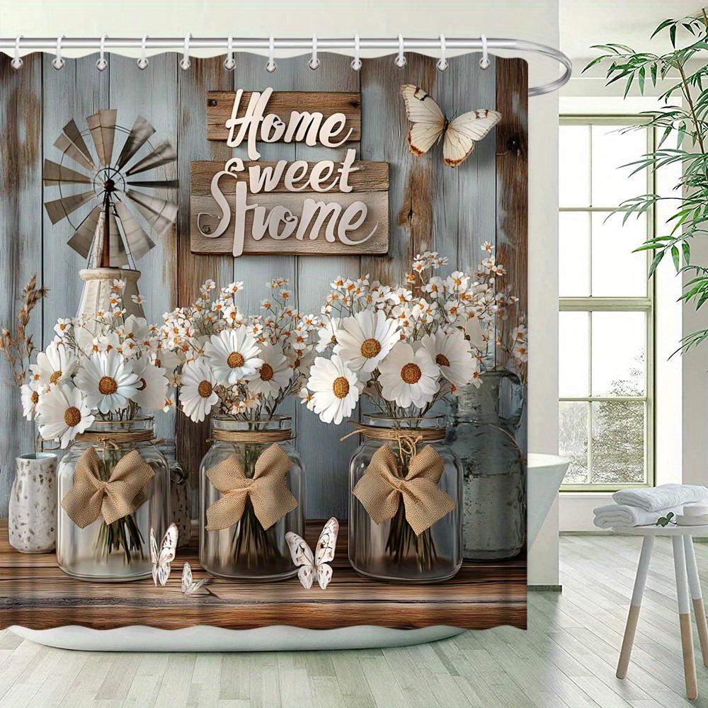 Rustic Floral Shower Curtain - Butterflies & Mason Jars with "Home Sweet Home" Design, Polyester Bathroom Decor