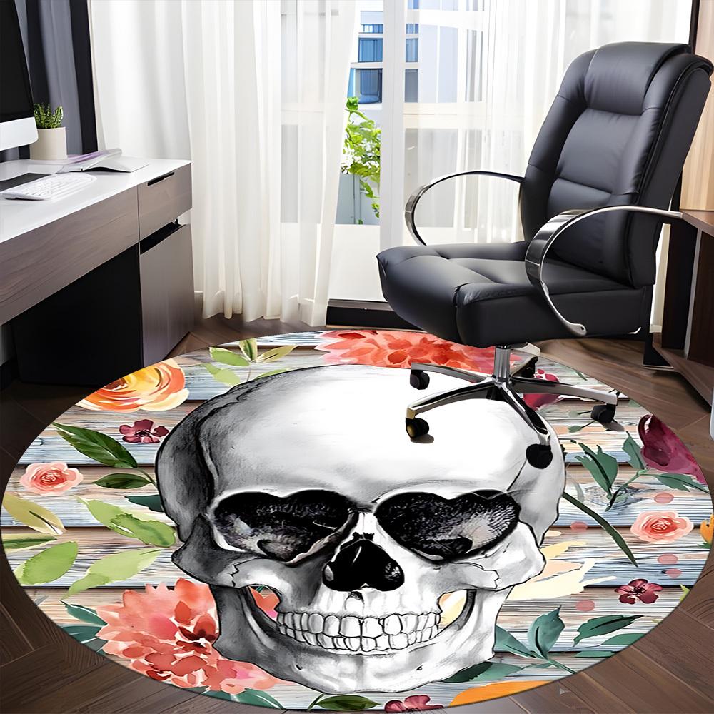 1pc Skull Floral Decor Chair Carpet for Office, Round Polyester Mat, Indoor Decor for Office, Easycare Fabric, Washable Non-slip Area Carpet