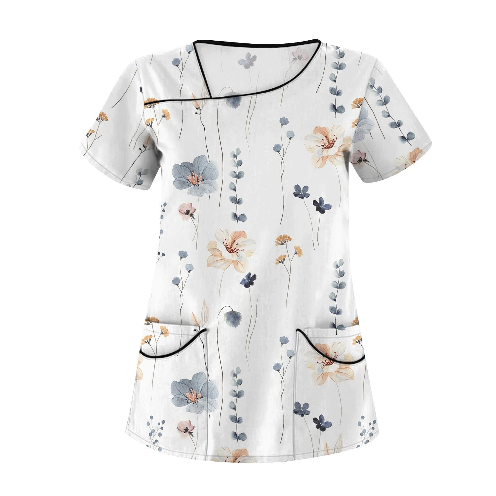

Женская повседневная рабочая одежда с цветочным принтом и коротким рукавом с наклонным воротником и двойными карманами XL белый