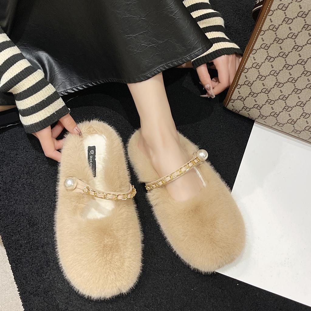 New Style Women's Autumn and Winter Thick Bottom Plush Cotton Slipper Outside Wear Baotou Soft Bottom Slippers Pearl Accessories
