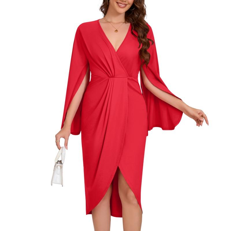 Fortgeschrittener Sinn V-Ausschnitt Über dem Knie Langärmliges Kleid Frühher Herbst Unregelmäßige Falten Taille Kleid Kleid