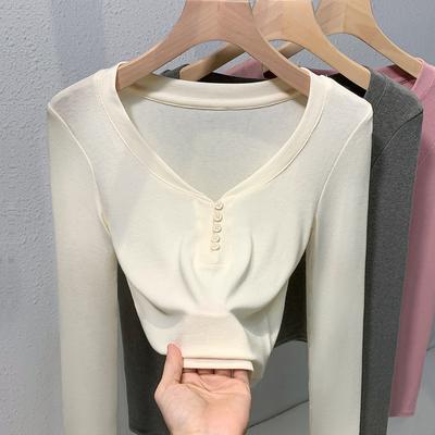 Rosa Rundhals Langarm T-Shirt für Damen Neuer Slim Fit und Schlank Super Gutaussehendes Basic-Shirt Design Knopf-Top