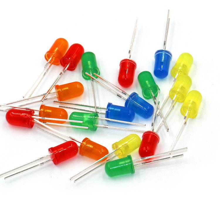 LED Light Emitting Diode, 5mm Round Head, Short Leg with Colored Side Beads - White, Red, Blue, Green, Yellow.