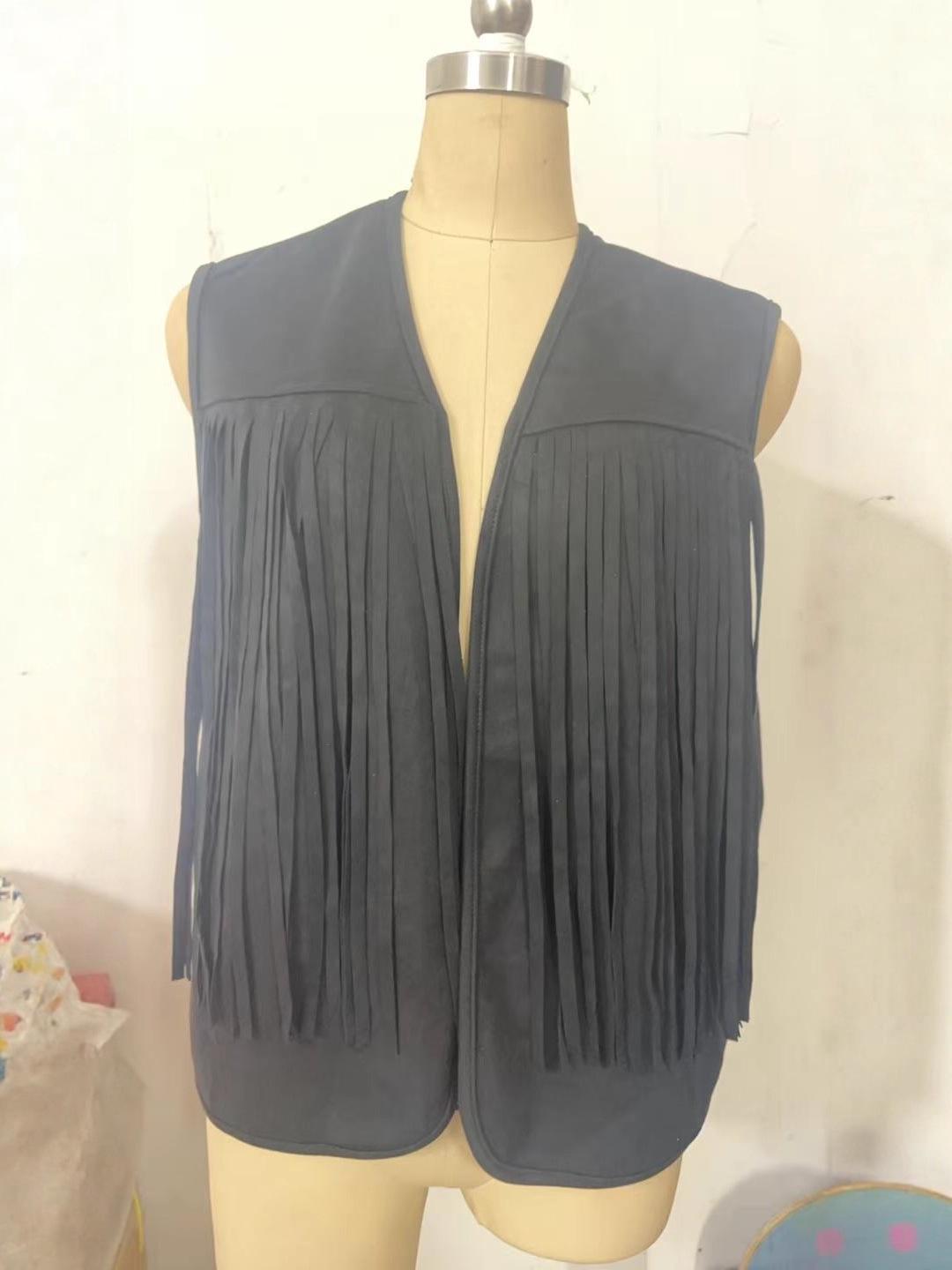 

Unisex Retro Suede Tassel Sleeveless Vest Shawl L чорний