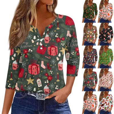 Damenmode Lässiges T-Shirt mit Knopfleiste, V-Ausschnitt, sieben Ärmeln, Weihnachtsdruck