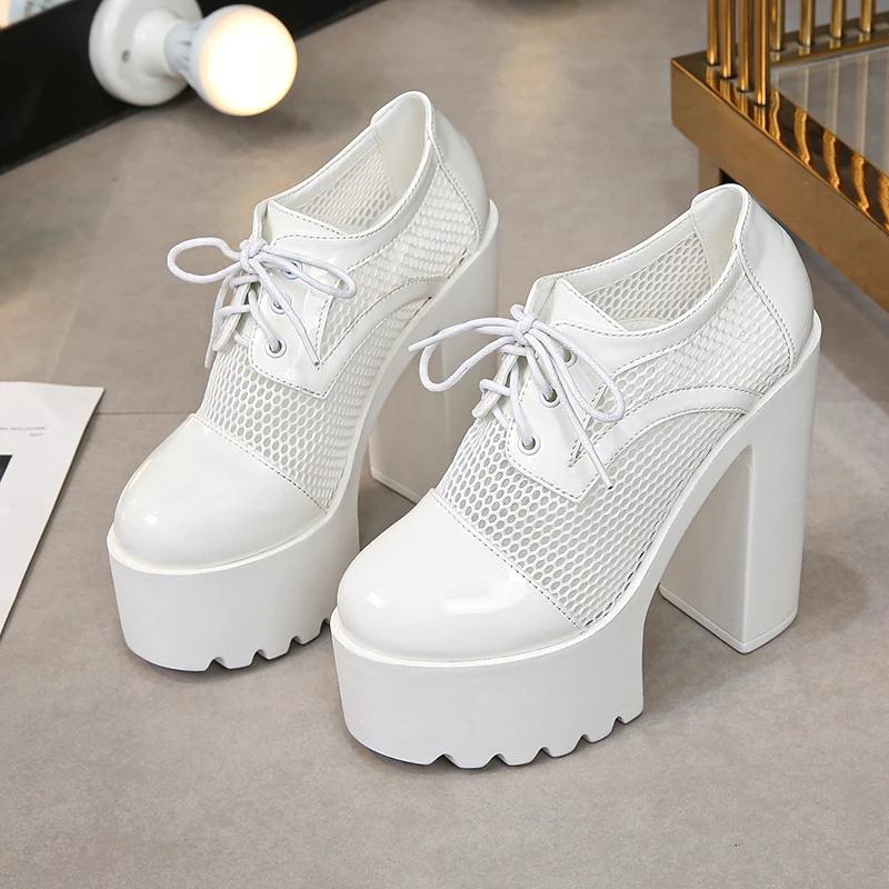 Fashion New Fashion Gladiator Women Shoes Square High Heels Sexy Black White Lace Up Party Ladies Round Toe Breathable Mesh Pumps