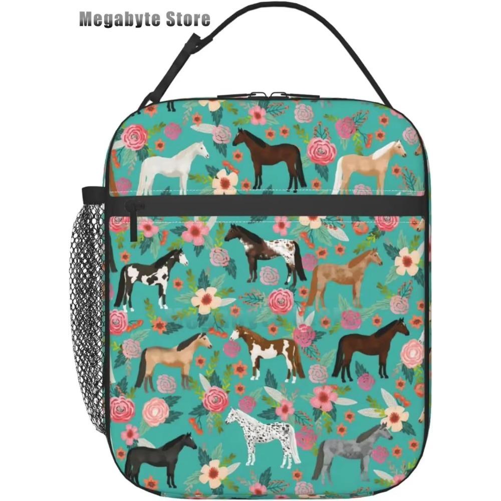 Horse And Flower Lunch Box Insulated Lunch Bags Zipper Lunch Bag Cooler Tote Bag For Teens Men Women Office Picnic