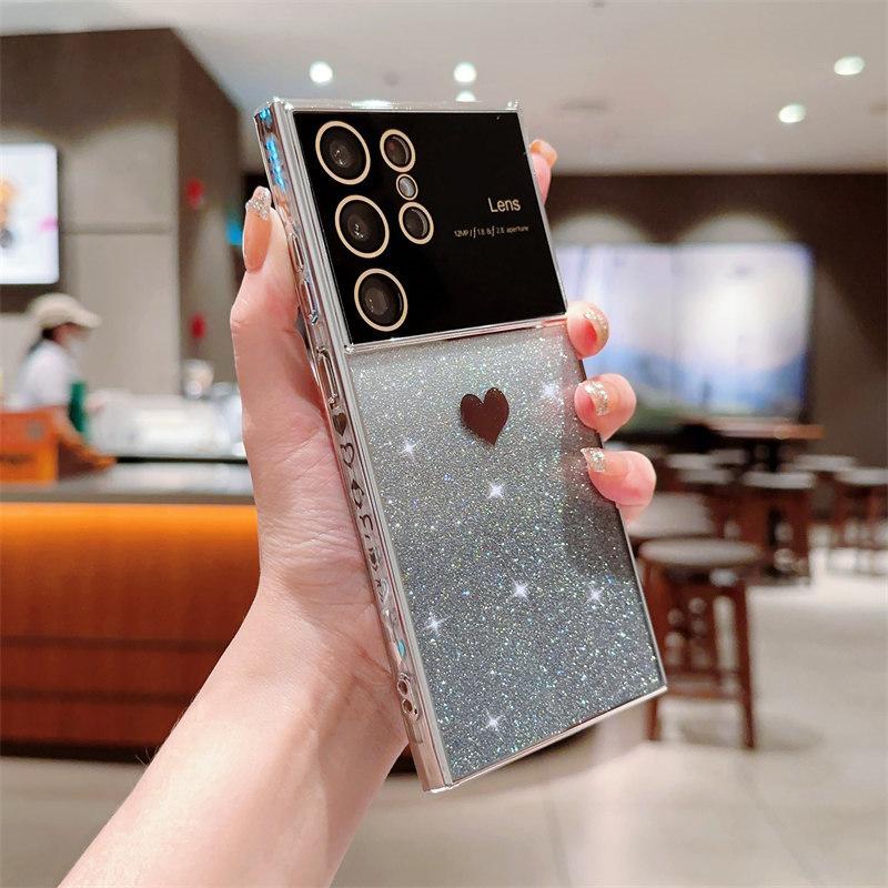 Luxury Love Logo Lens Film Glitter Electroplated Mobile Phone Case for Samsung S23 22 21 Ultra Plus S20 FE A54 53 52 A14 A23 Fall Protection Cases
