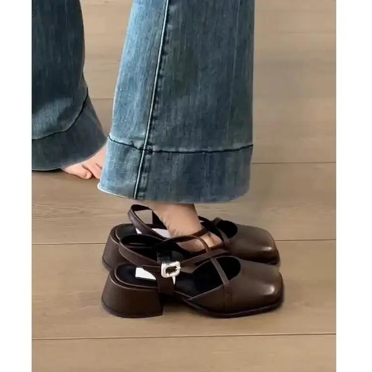 Fashion Designer Cover Toe Women Mary Jane Shoes Fashion Cross Buckle Singbacks Shoes 2025 Spring Female Thick Heel Shoes