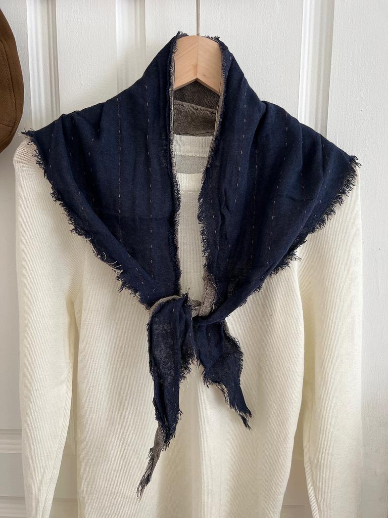 Johnature Vintage Raw Edge Striped Triangle Scarf Women Fall Winter Fashion Warm Two-tone Neck Guard Decoration Head Scarf