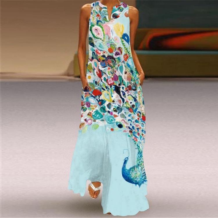 Sleeveless V Neck Retro Printed Multicolor Maxi Dress with Pockets