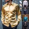 Camisa masculina formal estilo de negócios liso sedoso cetim manga comprida gola virada para baixo botões cardigan clube festa camisa de comprimento médio