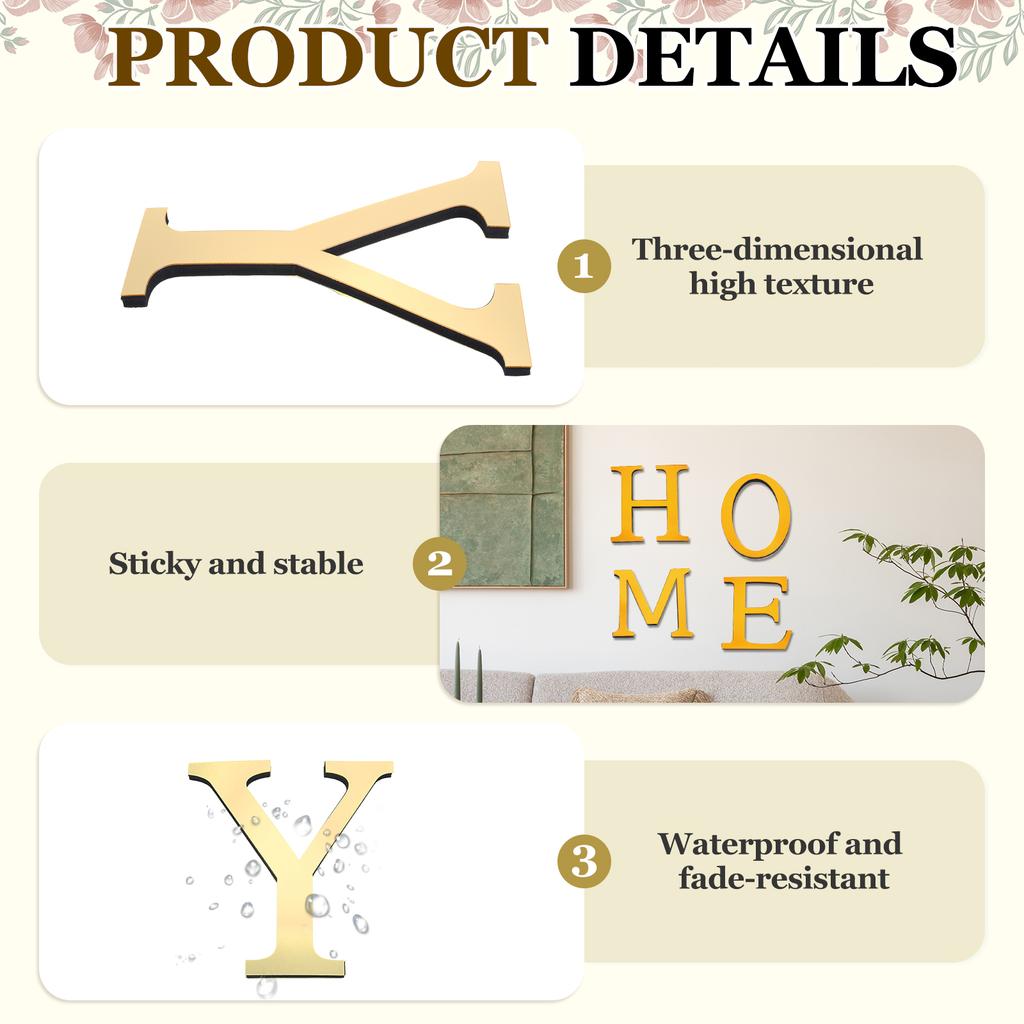 20cm 3D Mirror Acrylic Wall Sticker 26 English Letters Wall Sticker Decals Self-Adhesive Wall Art Mural Home Party Light Gold