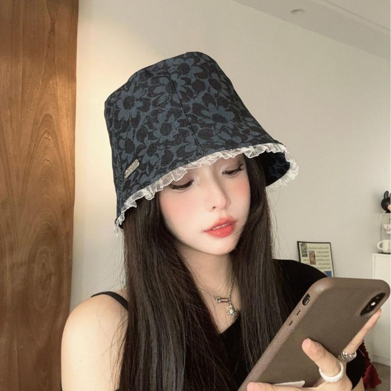 New lace print denim fisherman hat children's sunshade sunscreen basin hat sweet and cute bucket hat