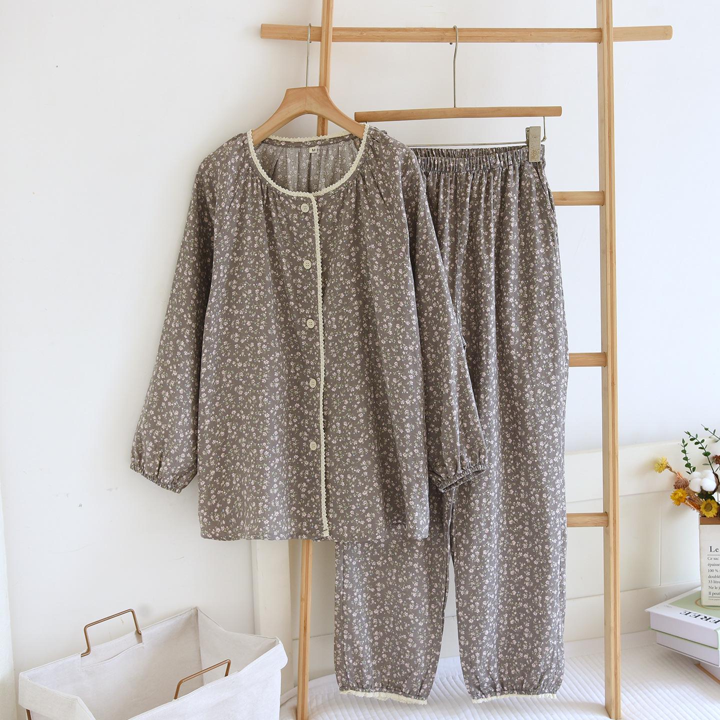 

Women s Lace Trim Sweet Floral Pajama Set - Long Sleeve Cardigan, Pure Cotton Gauze for Spring and Autumn, Plus Size Available XL