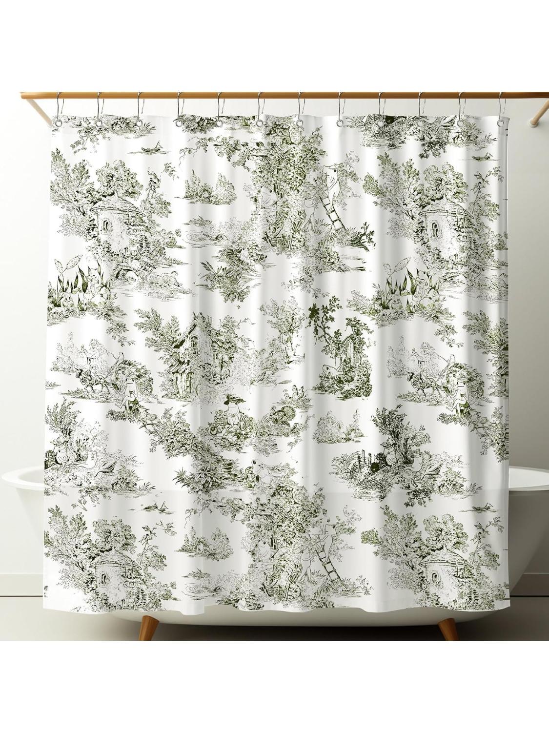 Vintage French Frog Toile Shower Curtain Cotton Green and White Print Curtain with 12 Metal Hooks Waterproof Bathroom Decor for 90x180CM