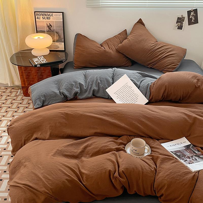 Four-piece Set for Sleeping Naked On Winter Bed, Washed Cotton Sheets, Quilt Cover, Fitted Sheet, Three-piece Set for College Dormitory