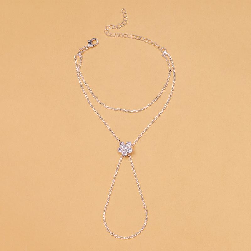 Minimalist Metal Inlaid Flower Zircon Finger Bracelet for Women Trendy Gold Color Thin Chain Double-Layer Hand Chain Jewelry