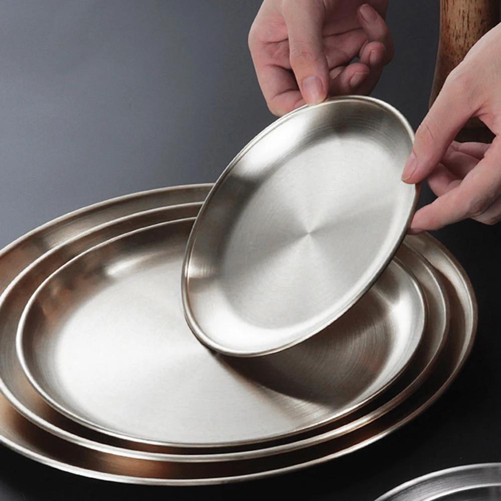 8Pcs Stainless Steels Round Silver Shallow Tray Plate Rust-Proof 17/20/23/26 Camping Plate BBQ Picnic Dishes Cookware