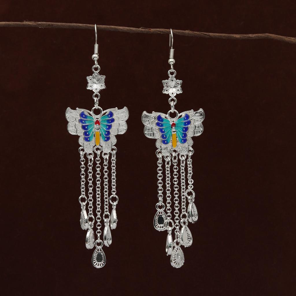 Bohemian Long Fringed Water Drop Earrings Retro Ethnic Style Earrings Women'S Colorful Butterfly Necklace Women'S