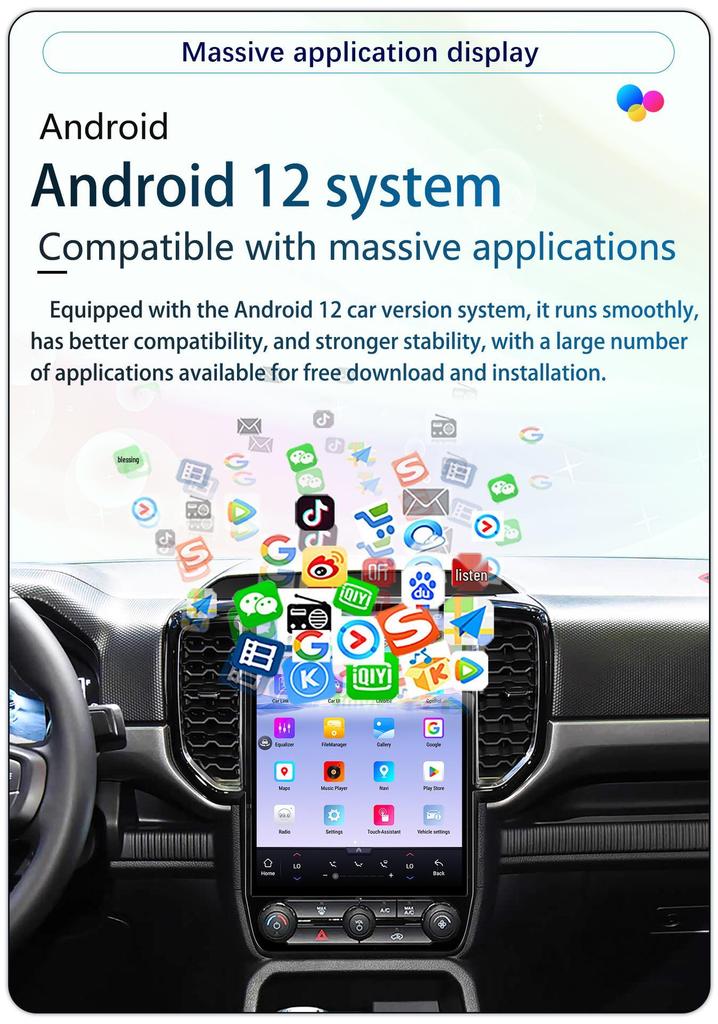 12.1-inch Android Vertical Screen CarPlay Navigation with 360° Panoramic View for 2019-2023 Ford Ranger.