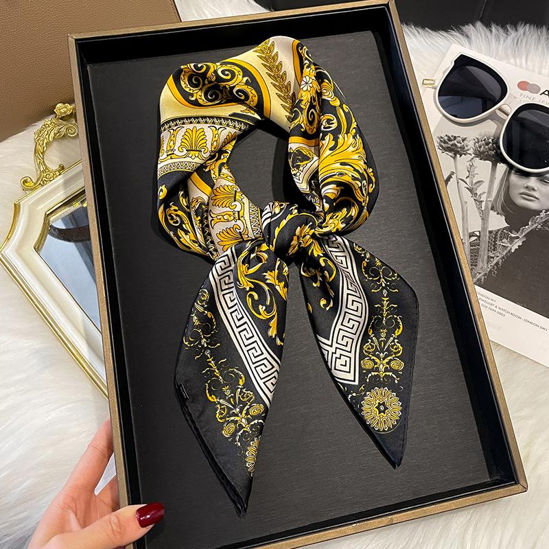 70X70Cm  Soft Ladies Silk Scarf Camellia Print Design Luxury  Satin Scarf All-Match Sunscreen Shawl Turban