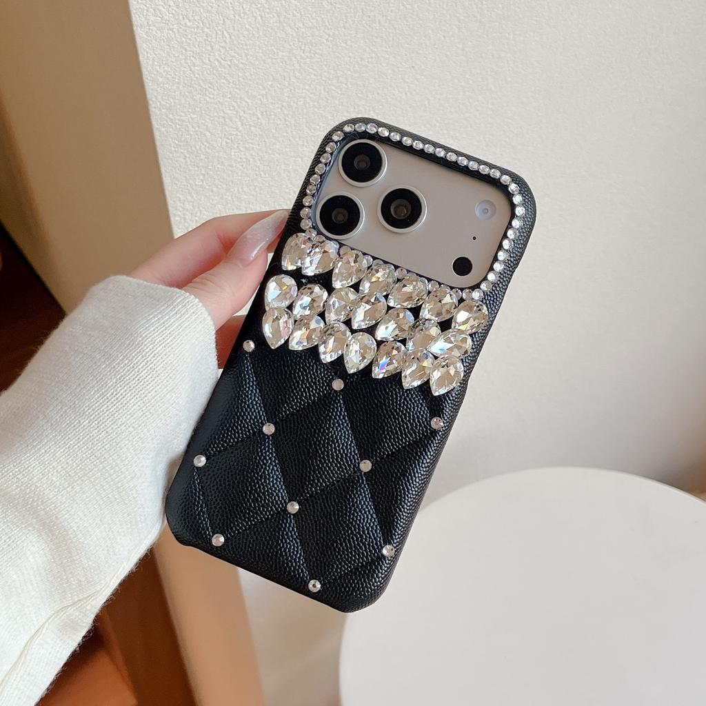 Fashion 3D Grid Glitter Diamond PU Leather Hard PC Phone Case for iPhone Air 16 15 14 13 17 Pro Max Bling Rhinestone Girly Cover