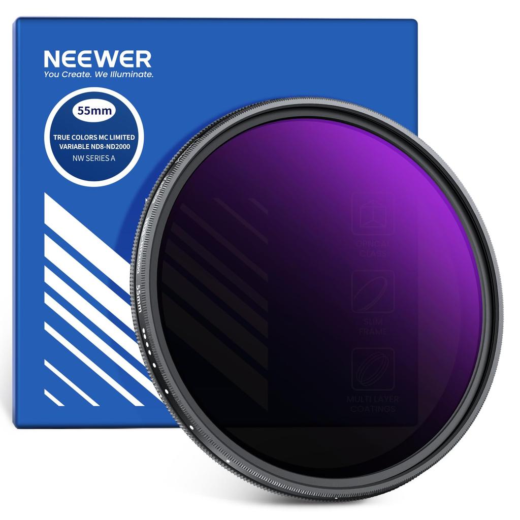 NEEWER 55mm Variable ND True Color Hard Stop Neutral Density Lens for Optical Aluminum Frame Filter, & Stop, 3-11 Adjustable, ND8-2000 Filter,