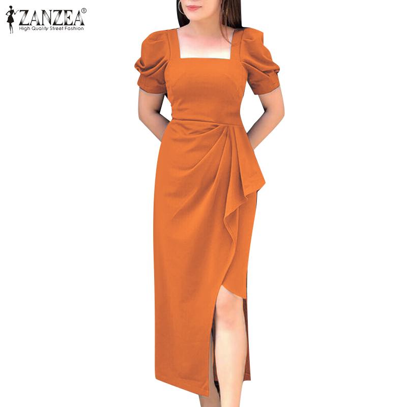 ZANZEA Women Casual Square Collar Summer Short Sleeve Elegant Dress