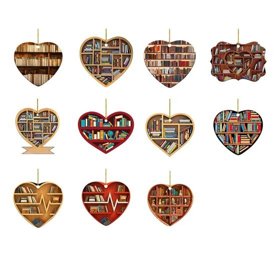 Heart Shaped Christmas Ornament Acrylic Bookshelf Xmas Tree Hanging Decorations 2D Flat Printed Book Gifts for Book Lovers