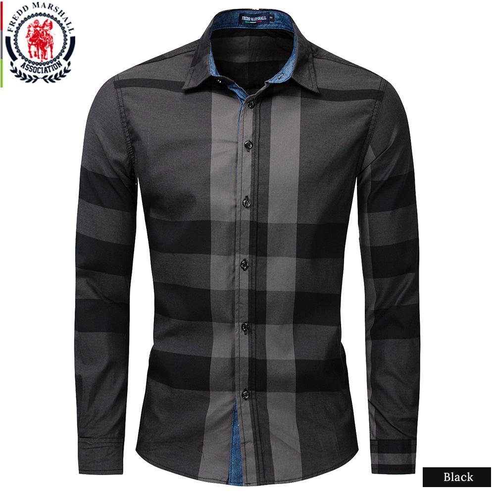 

Fredd Marshall Мужская рубашка 2021 Летняя мода Клетчатая рубашка Мужская повседневная приталенная рубашка с длинным рукавом 100% хлопок Chemise Homme 199 S чёрный