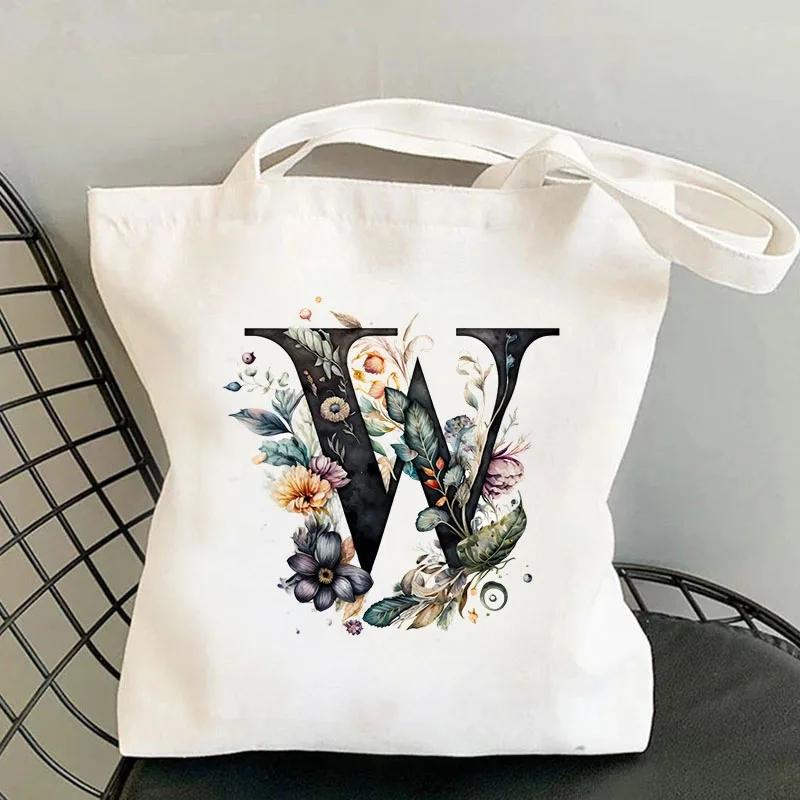 26 Black Alphabet Flower Tote Bags For Women Large Capacity Canvas Casual New Shopping Printed Reusable Handbag Eco Bag Large