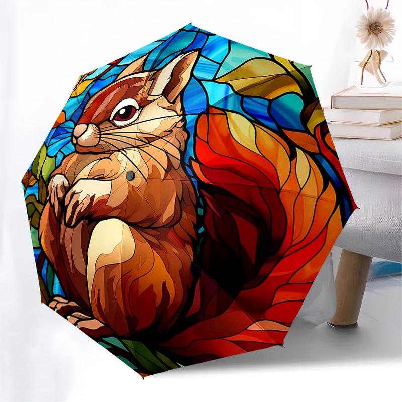 

1pc Stained Glass Squirrel Design Automatic Opening Folding Umbrella with 8-Bone Iron Frame, Suitable for Fans, Travel, Daily Use, and Gifts - Outdoor